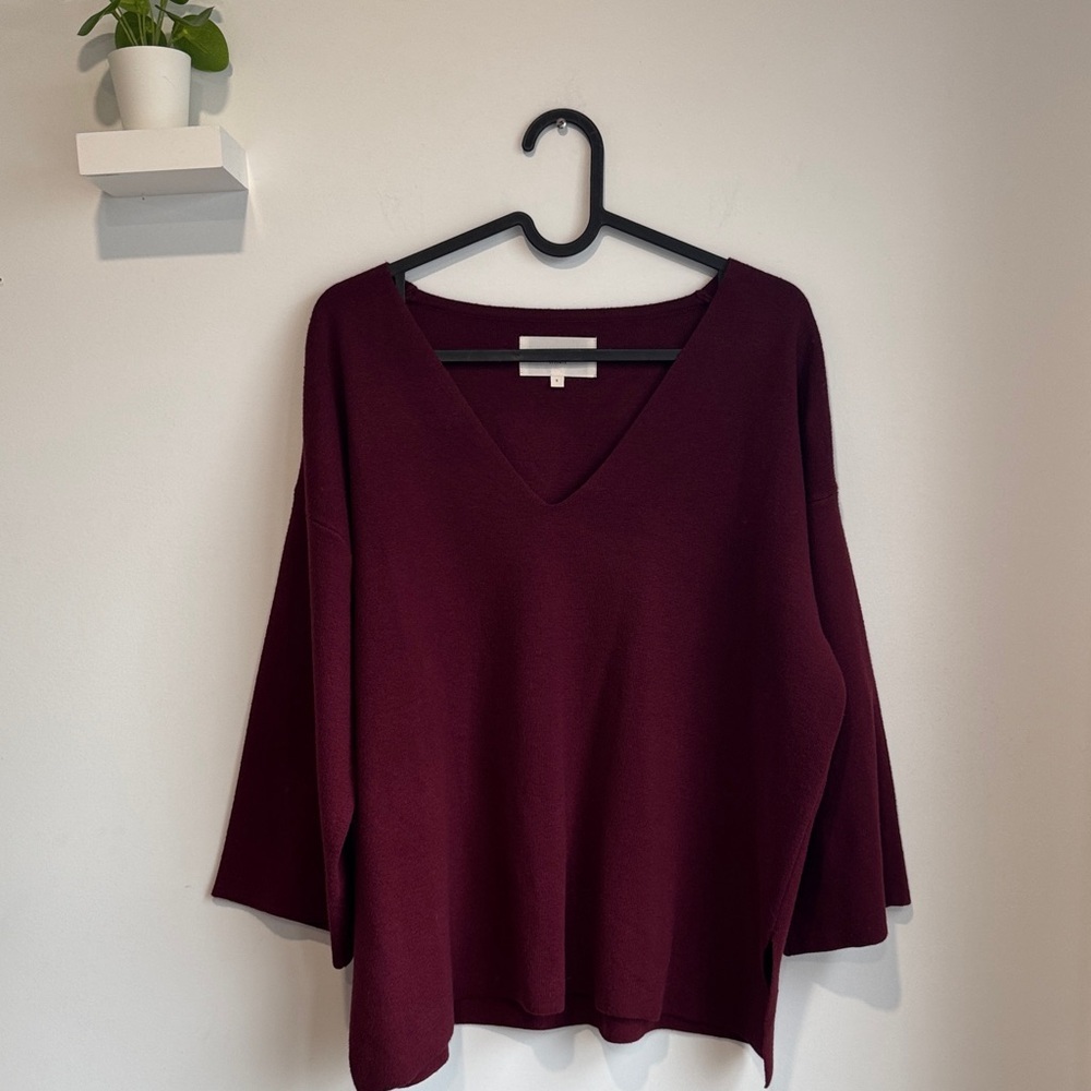 Part Two Leisure Oversized Deep Wine V-Neck Crop Sleeve Knit Sweater